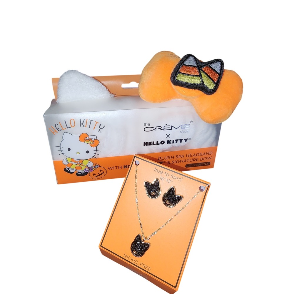 Hello Kitty Halloween The Creme Shop Plush Headband & Black Cat Jewelry Set